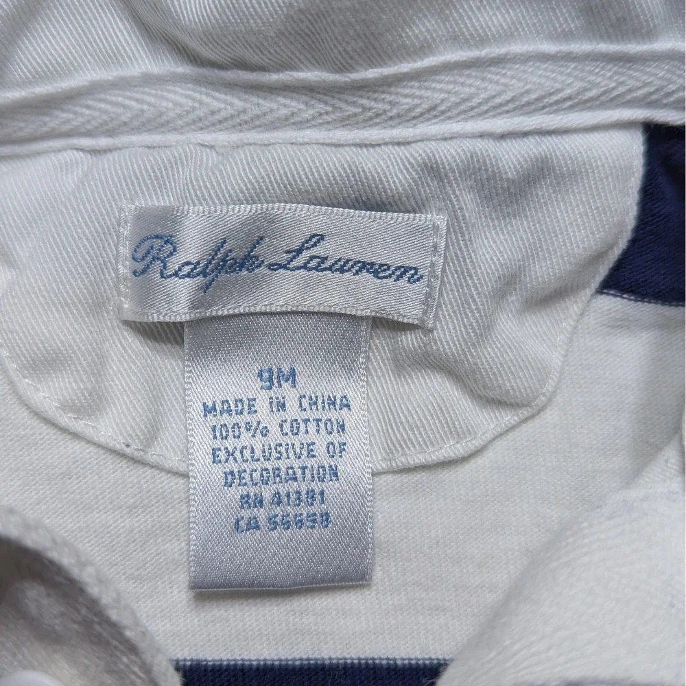 Ralph Lauren Baby Boys Navy White Striped‎ Rugby Romper Long Sleeve 9M